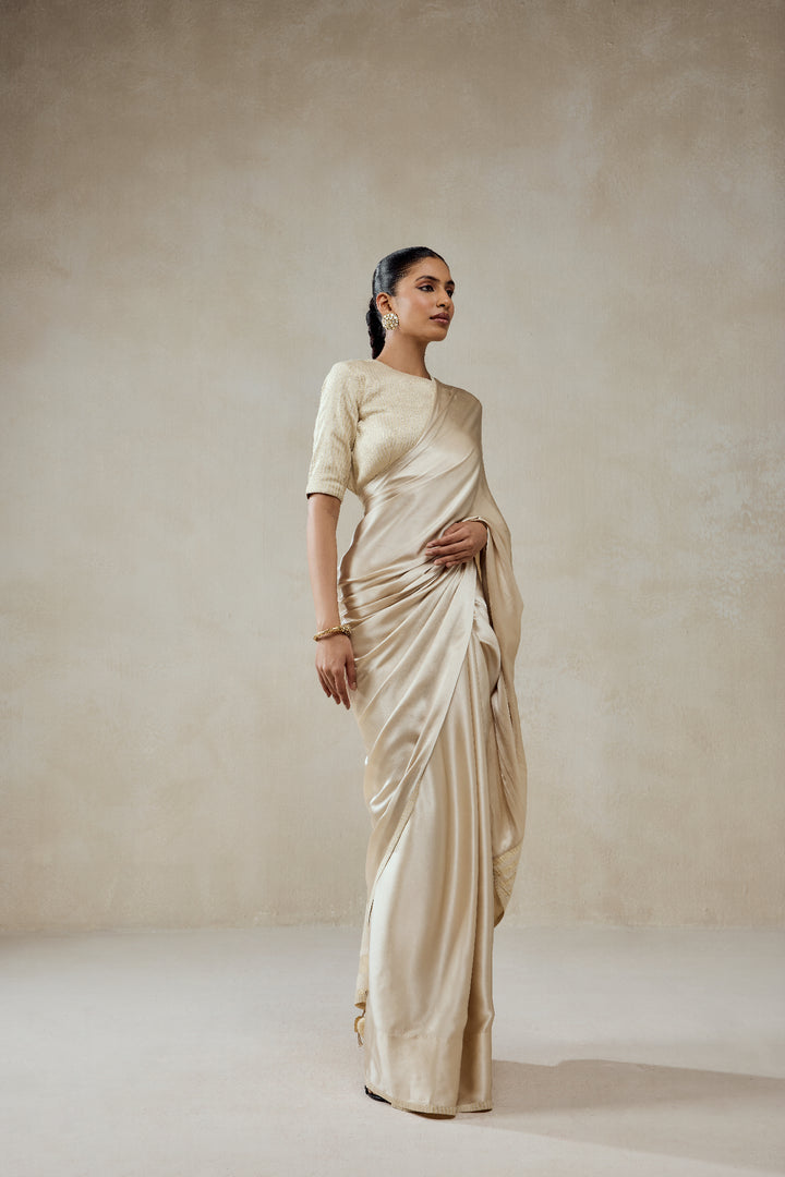 Ivory Monga Tissue Gold Striped Saree Set