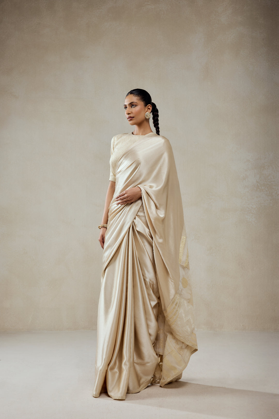 Ivory Monga Tissue Gold Striped Saree Set