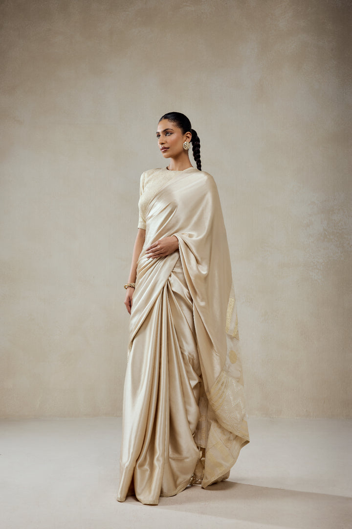Ivory Monga Tissue Gold Striped Saree Set
