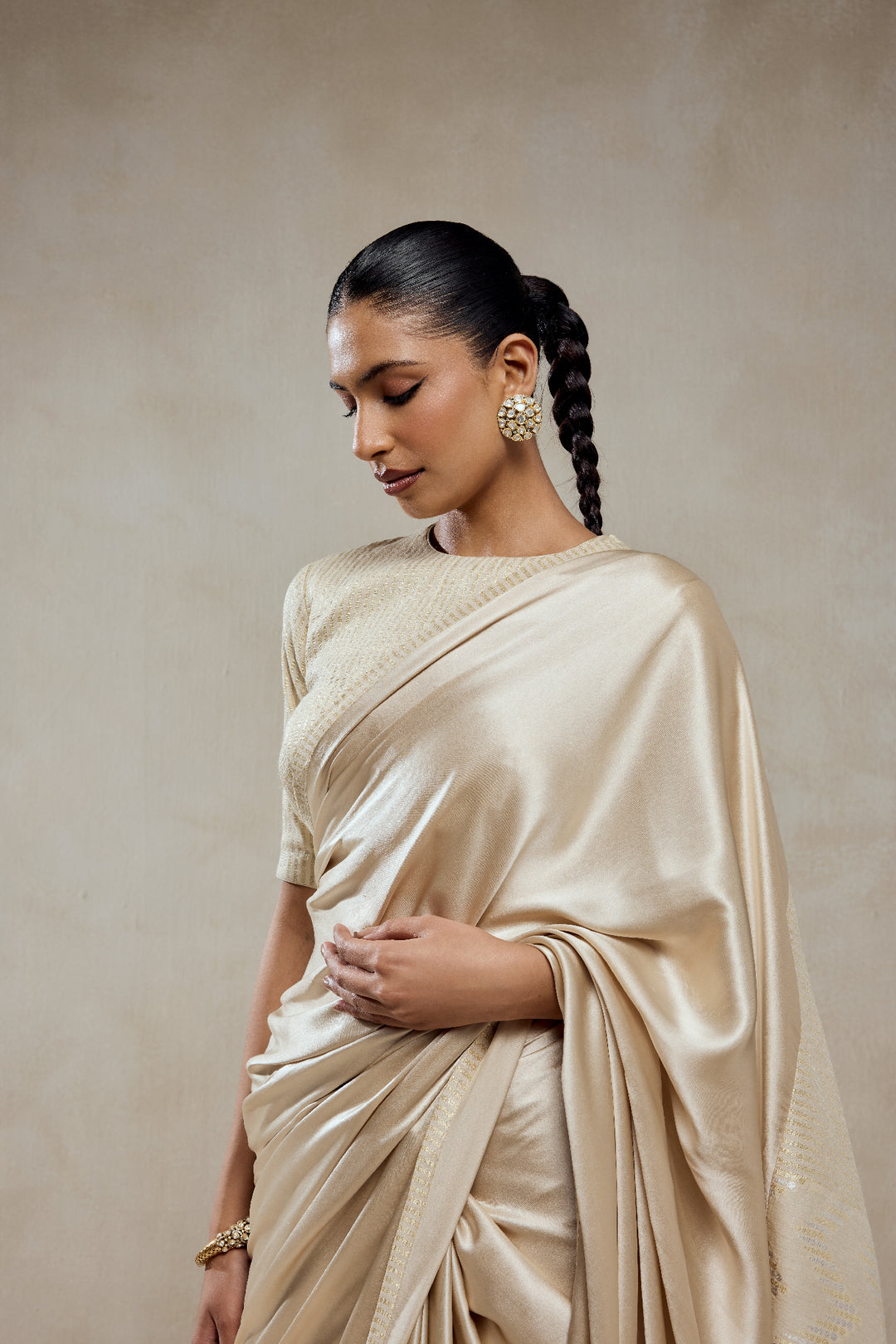 Ivory Monga Tissue Gold Striped Saree Set