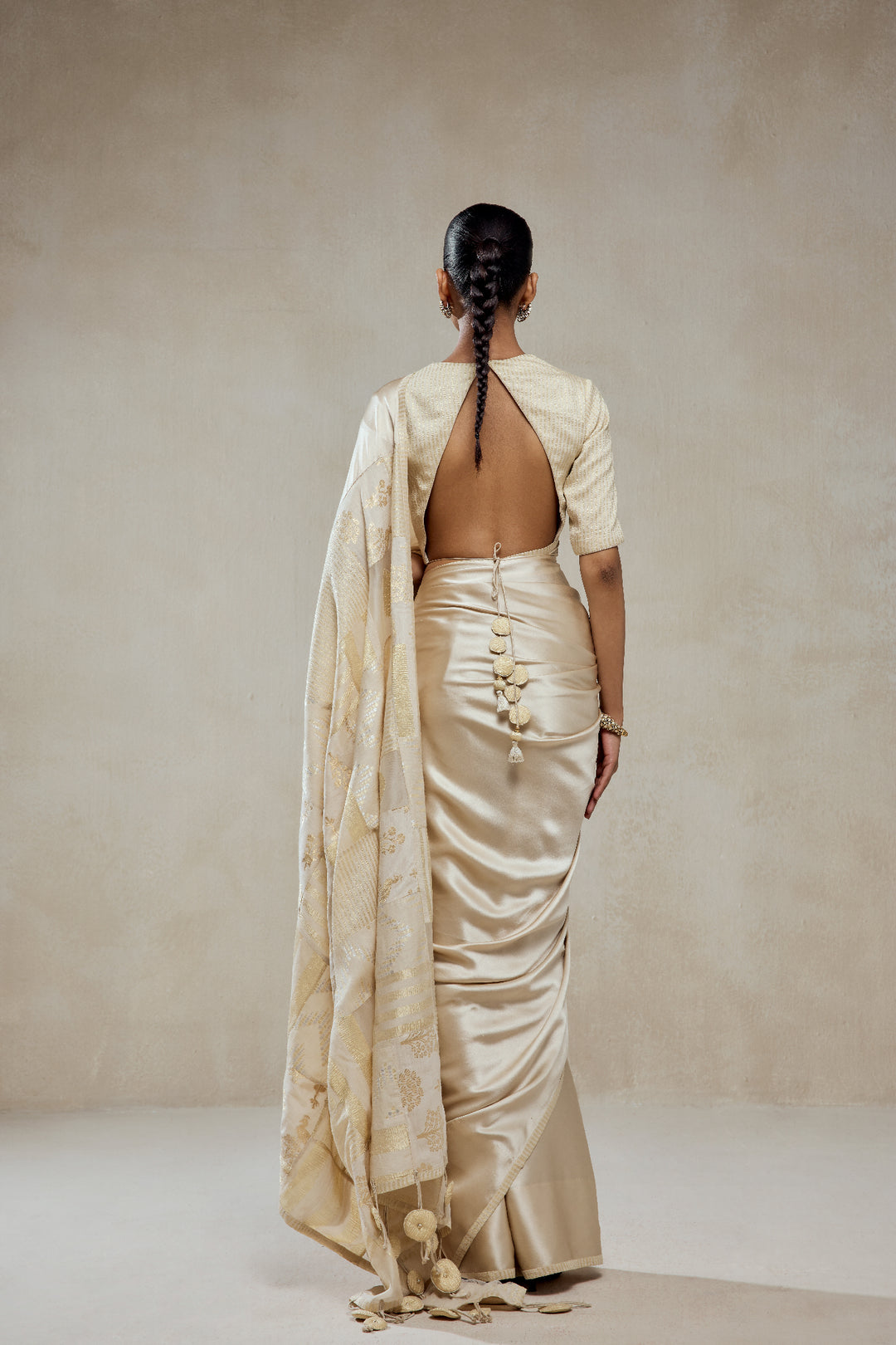 Ivory Monga Tissue Gold Striped Saree Set