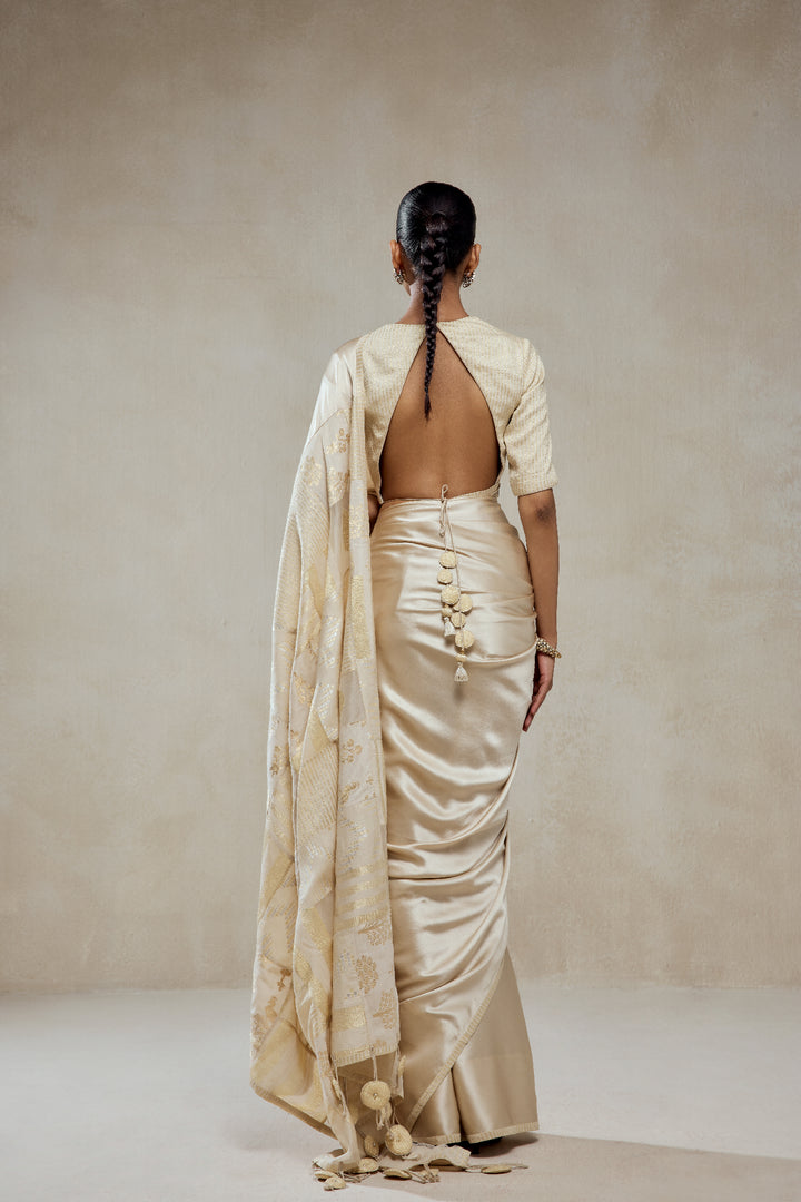 Ivory Monga Tissue Gold Striped Saree Set