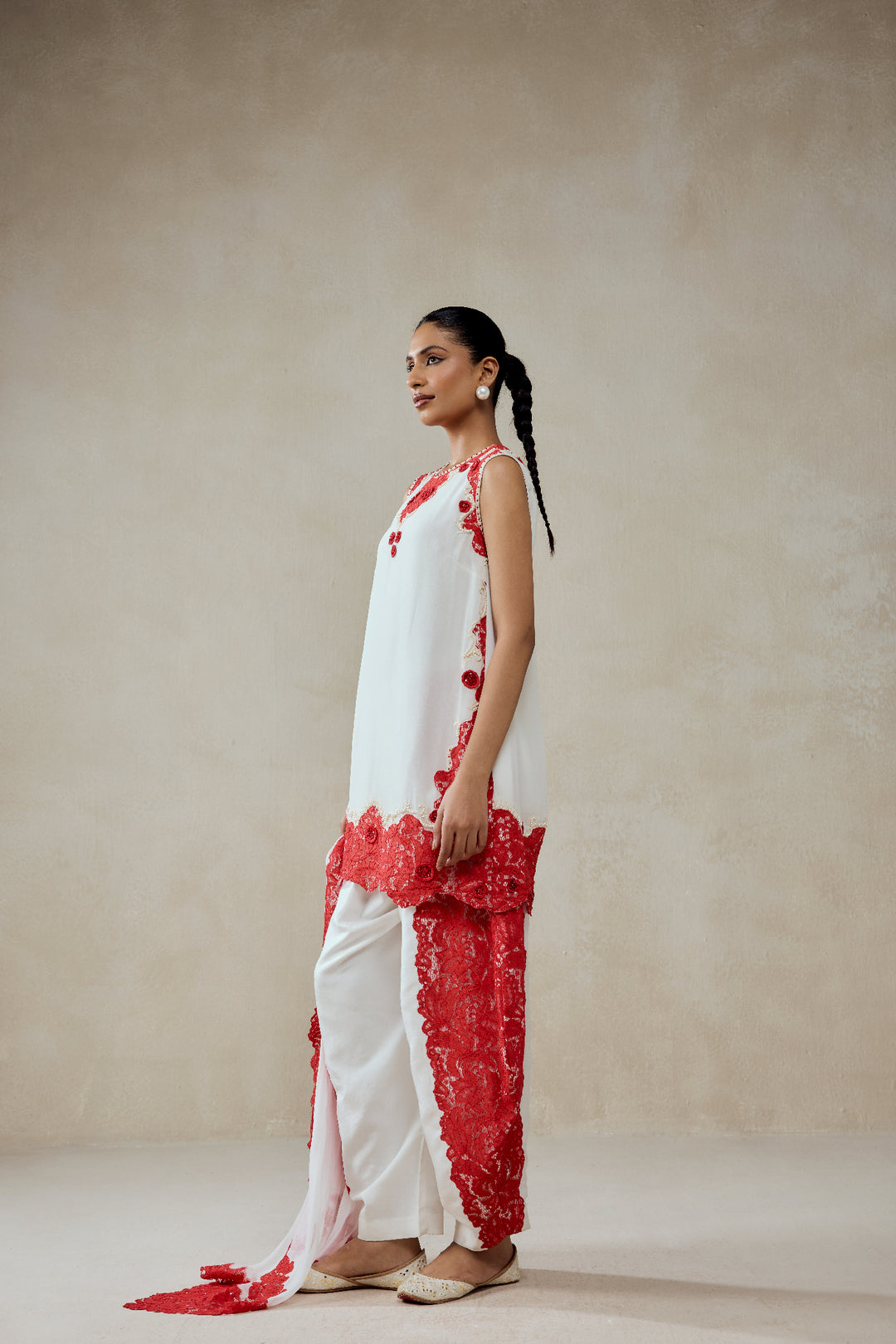 White Georgette With Red  Lace Applique Suit Set