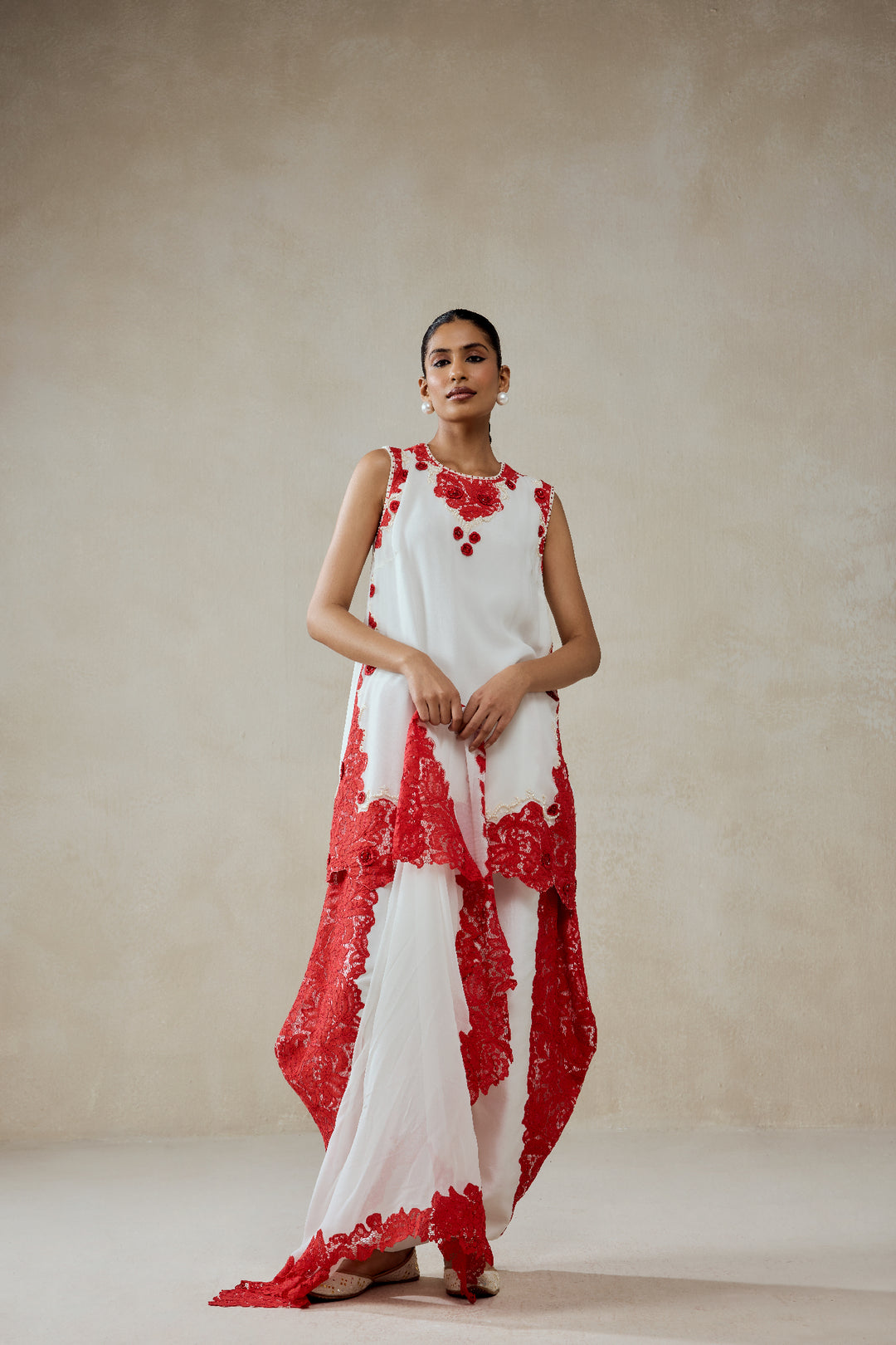 White Georgette With Red  Lace Applique Suit Set
