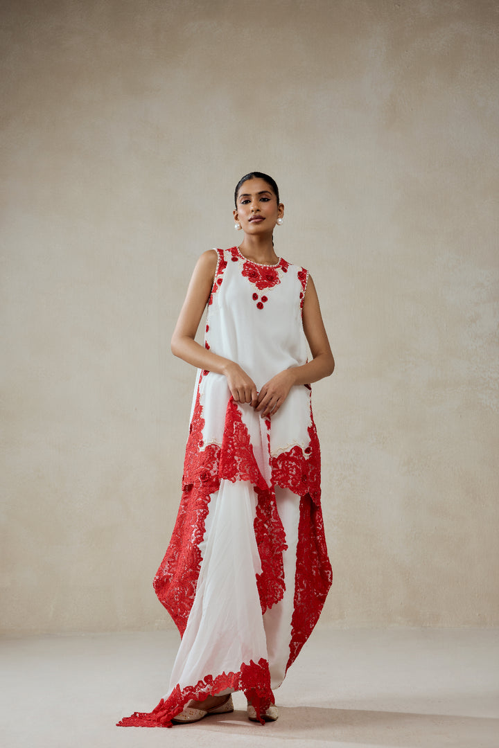 White Georgette With Red  Lace Applique Suit Set