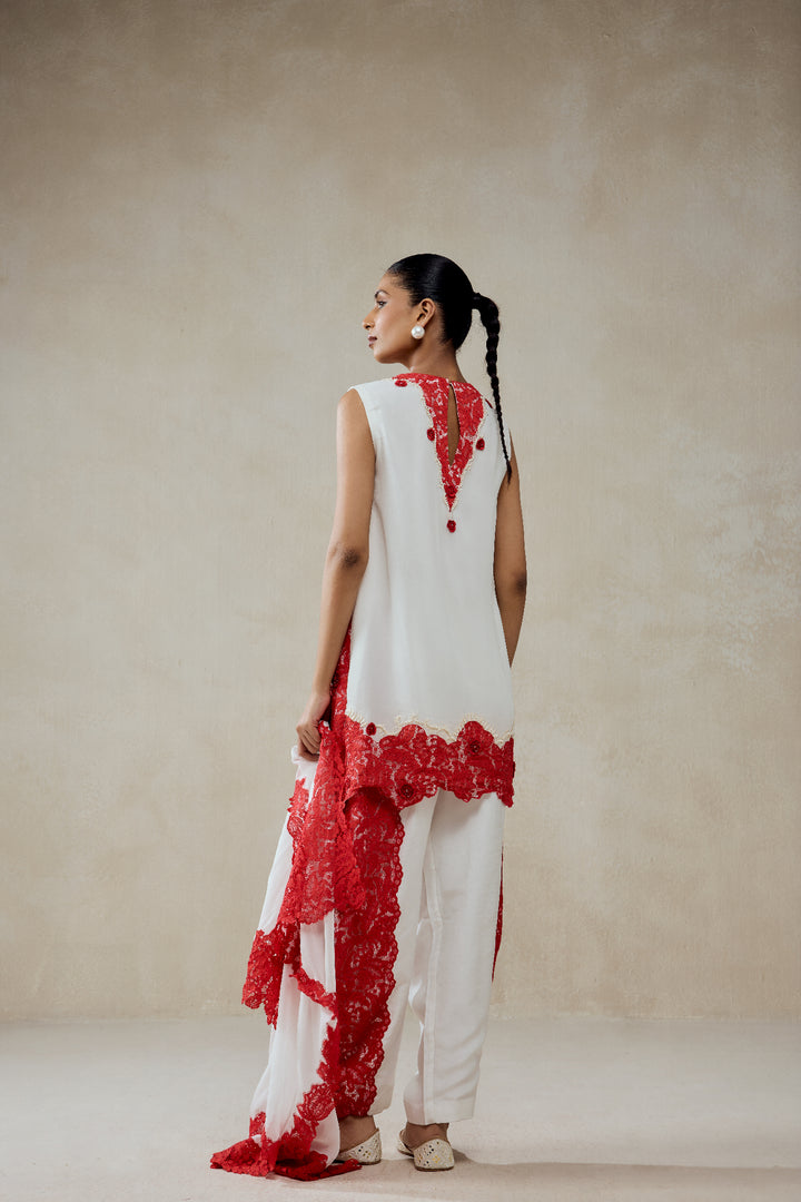 White Georgette With Red  Lace Applique Suit Set