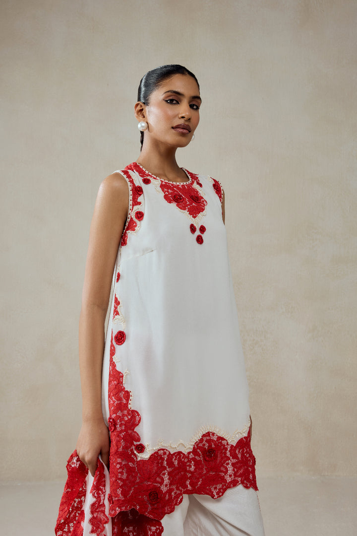 White Georgette With Red  Lace Applique Suit Set