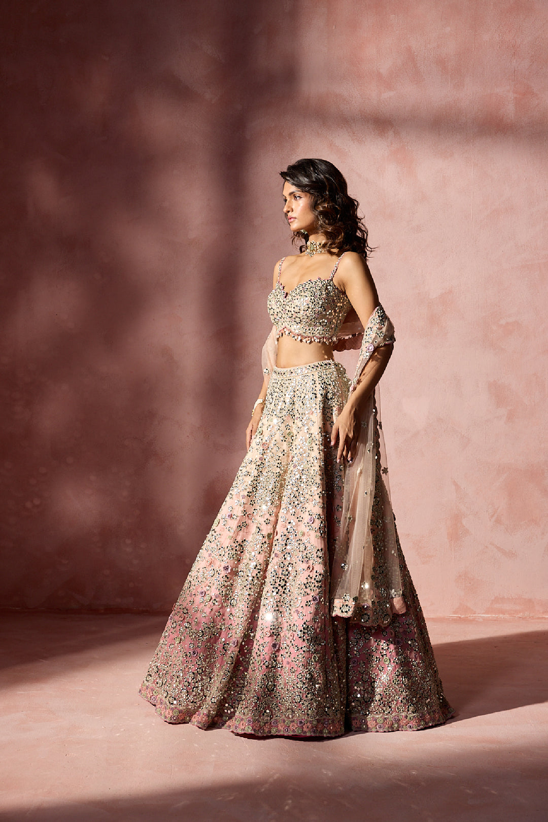 Rose Pink Ombrey Mirror Work Lehenga Set