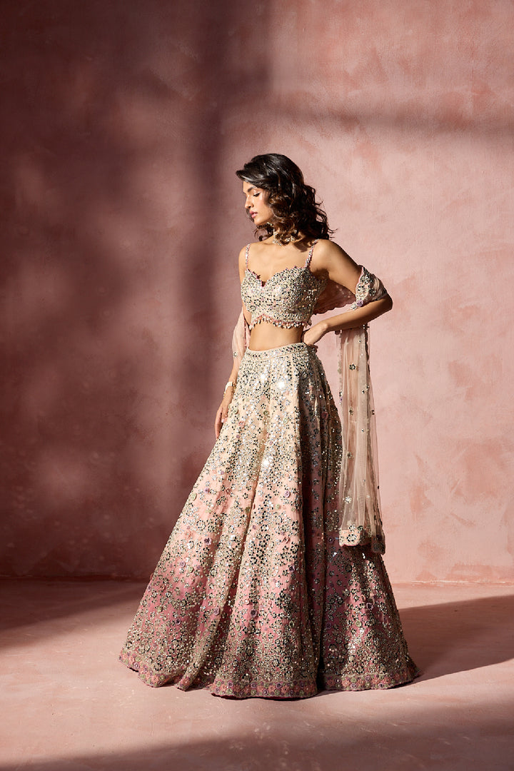 Rose Pink Ombrey Mirror Work Lehenga Set