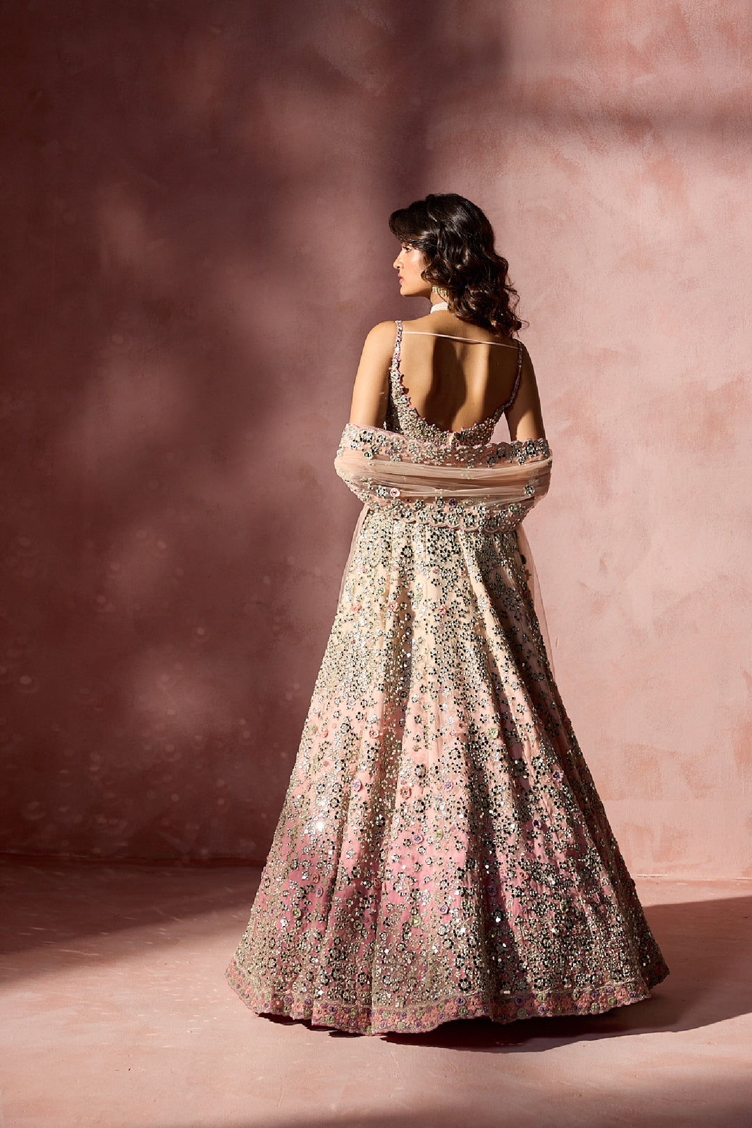 Rose Pink Ombrey Mirror Work Lehenga Set
