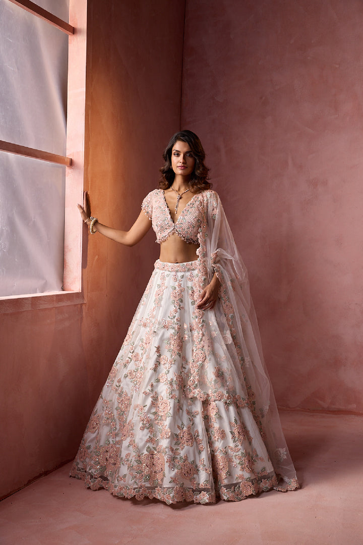 White Net With Leather Applique Lehenga Set