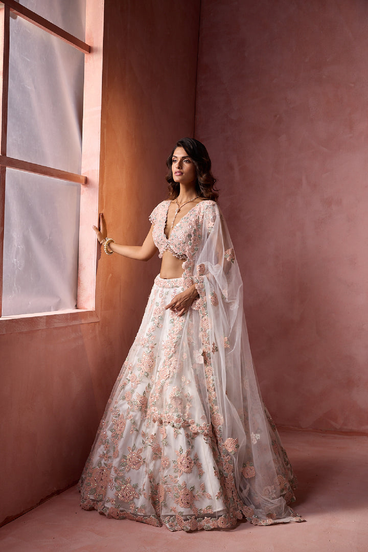 White Net With Leather Applique Lehenga Set
