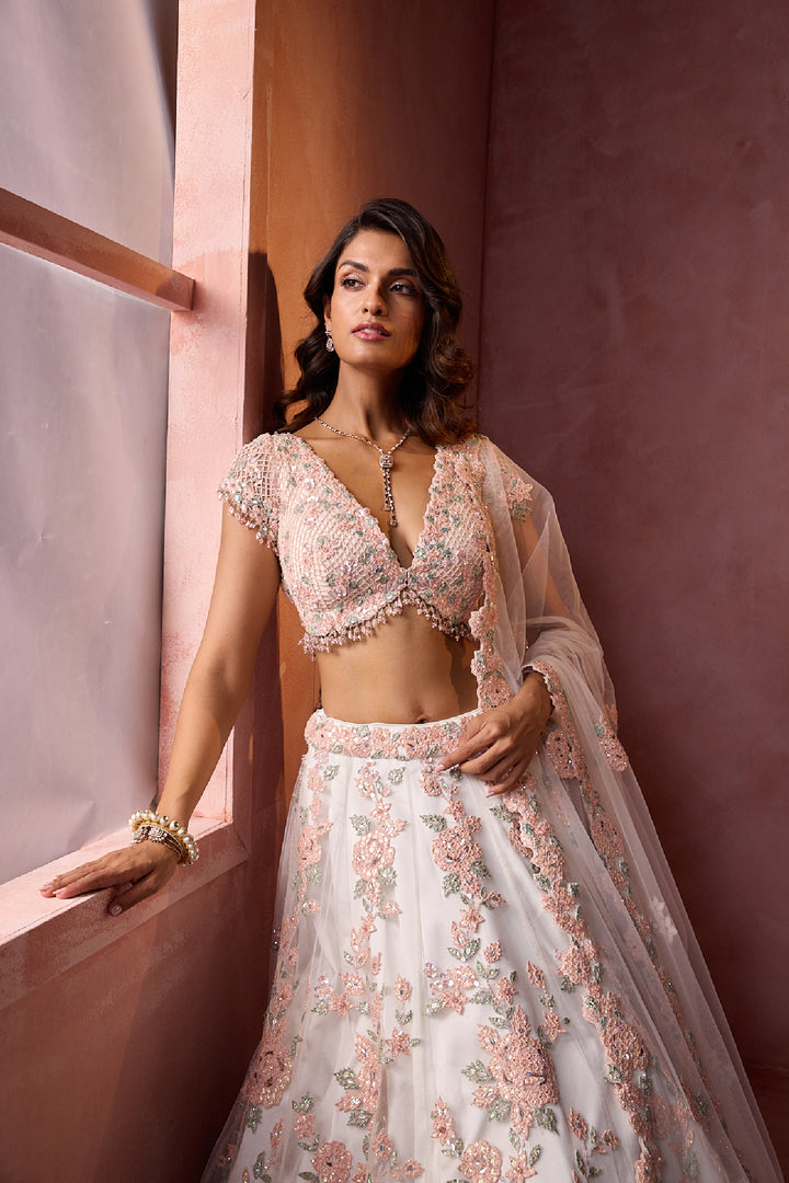 White Net With Leather Applique Lehenga Set