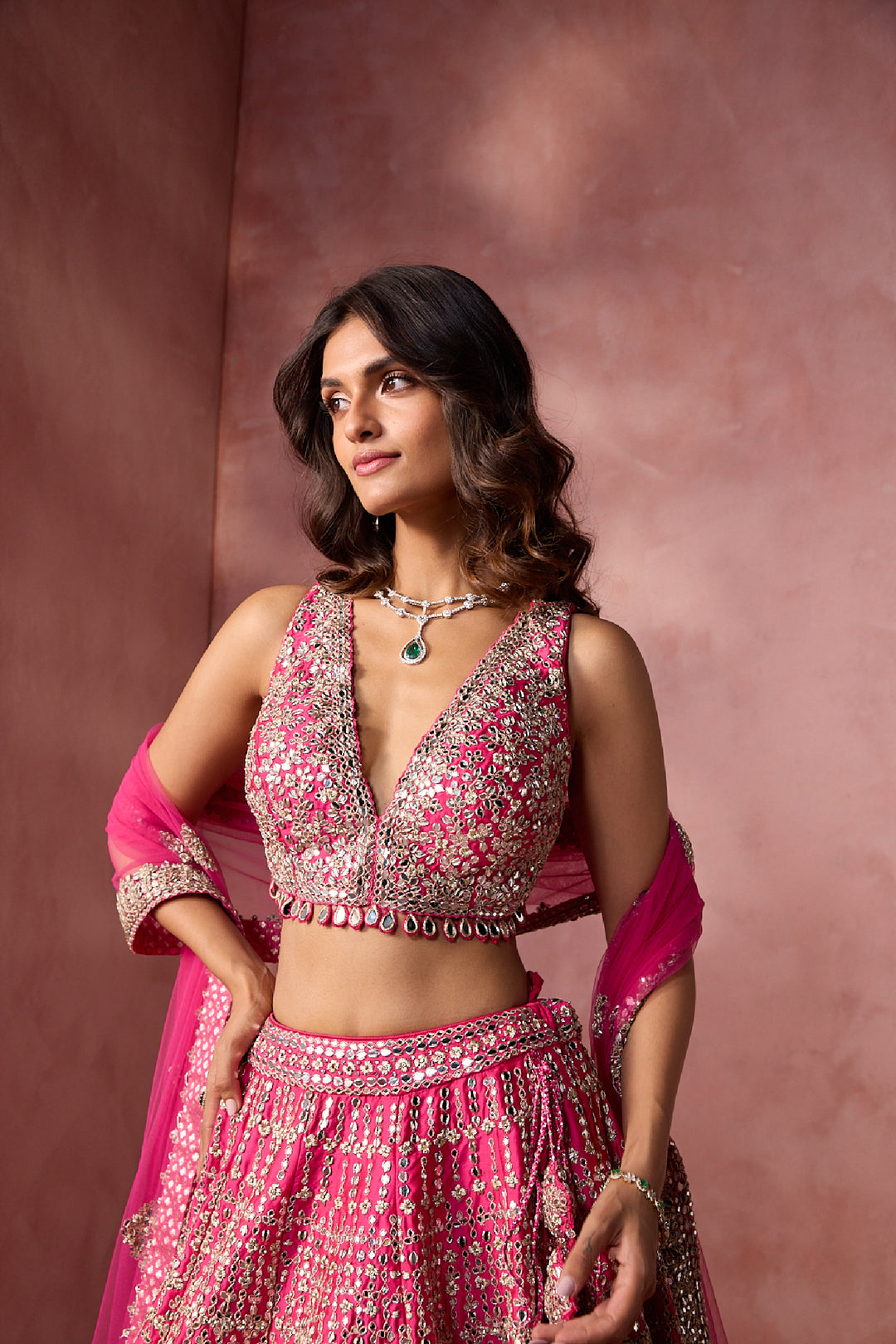 Fuchsia Pink Taffeta Lehenga Set