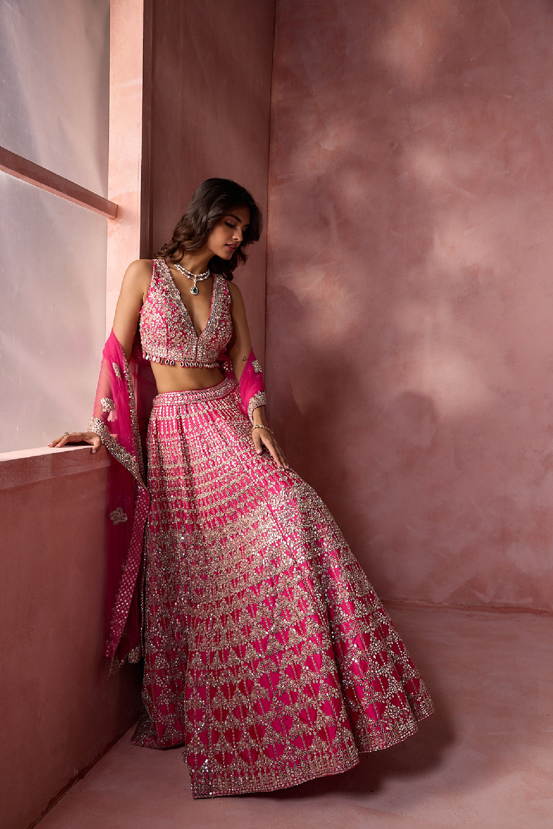 Fuchsia Pink Taffeta Lehenga Set