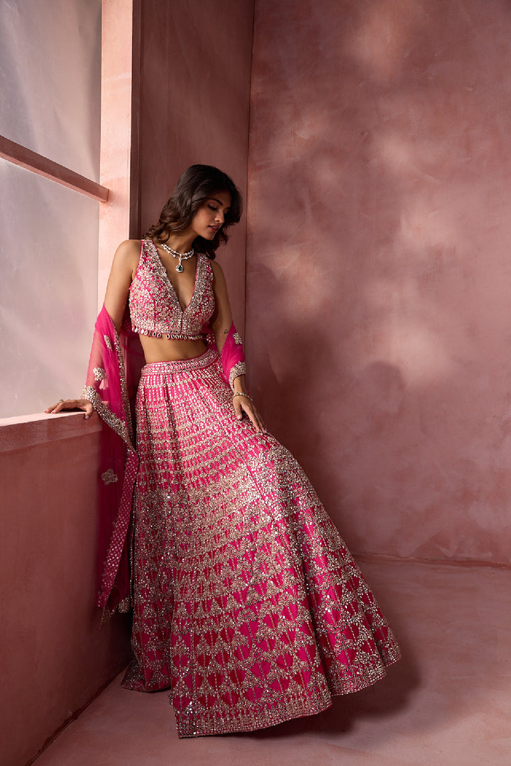 Fuchsia Pink Taffeta Lehenga Set