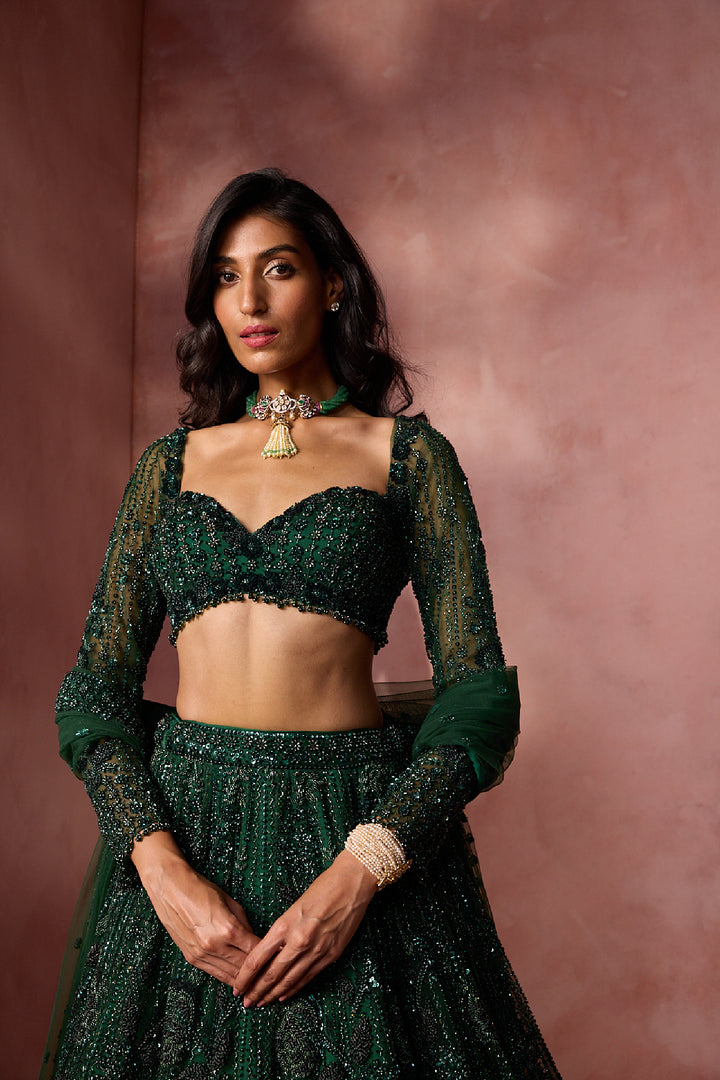 Bottle Green Net Lehenga Set