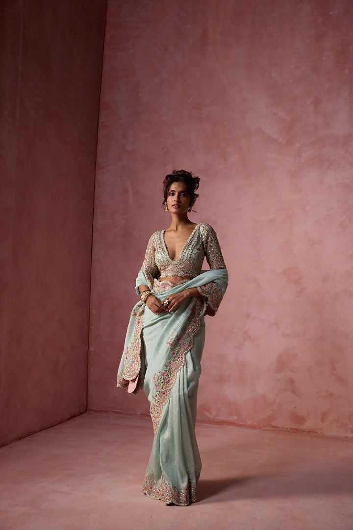 Aqua Lurex Georgette Saree Set