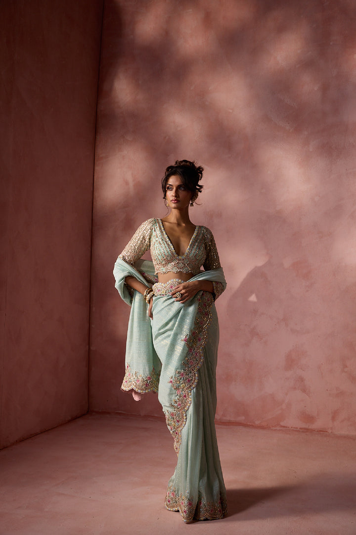Aqua Lurex Georgette Saree Set
