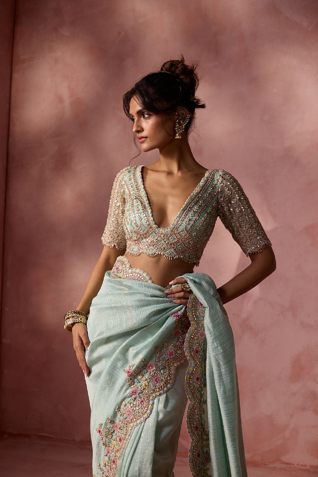 Aqua Lurex Georgette Saree Set