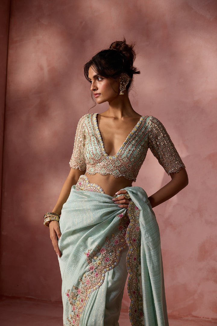 Aqua Lurex Georgette Saree Set