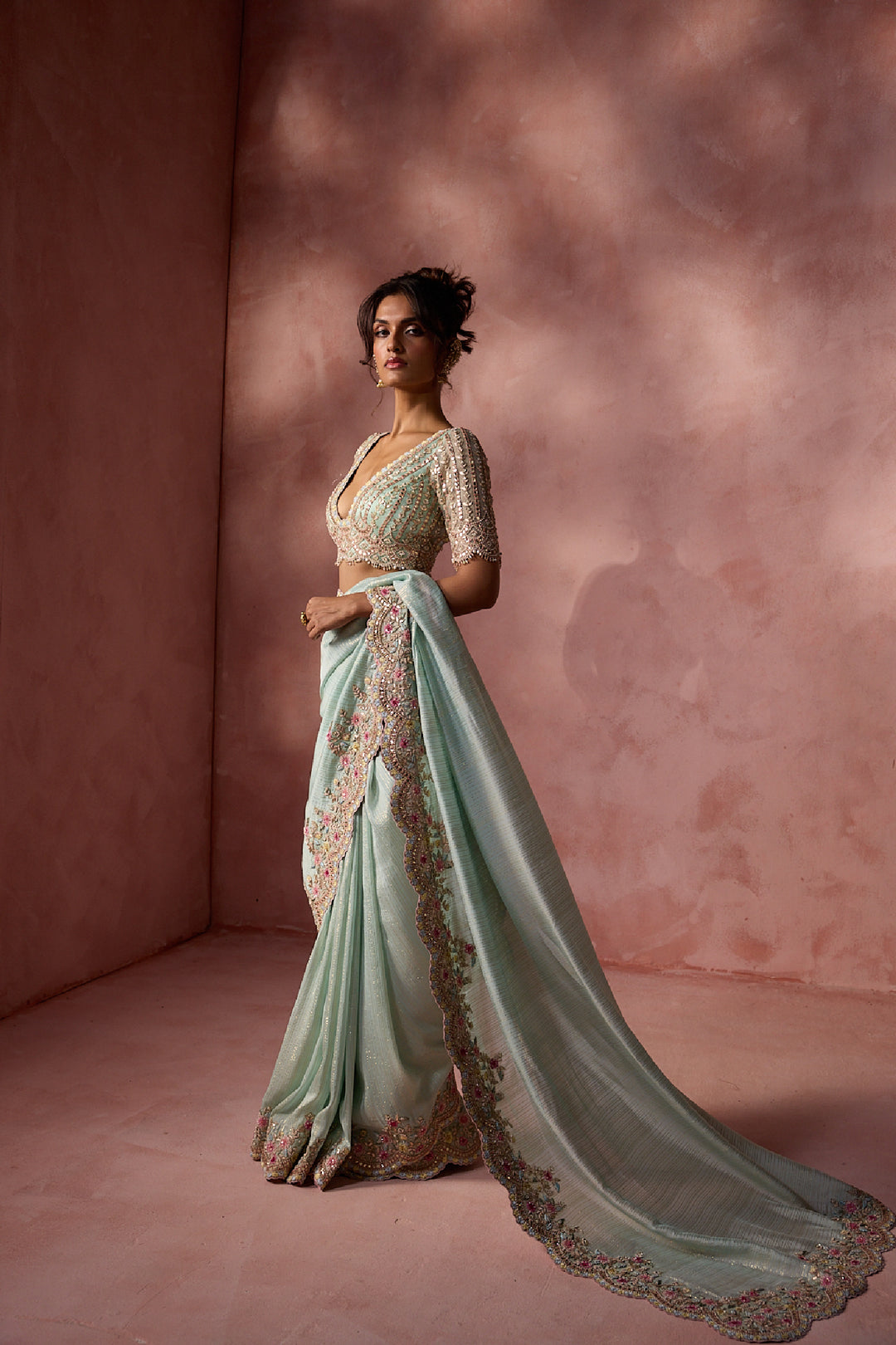 Aqua Lurex Georgette Saree Set