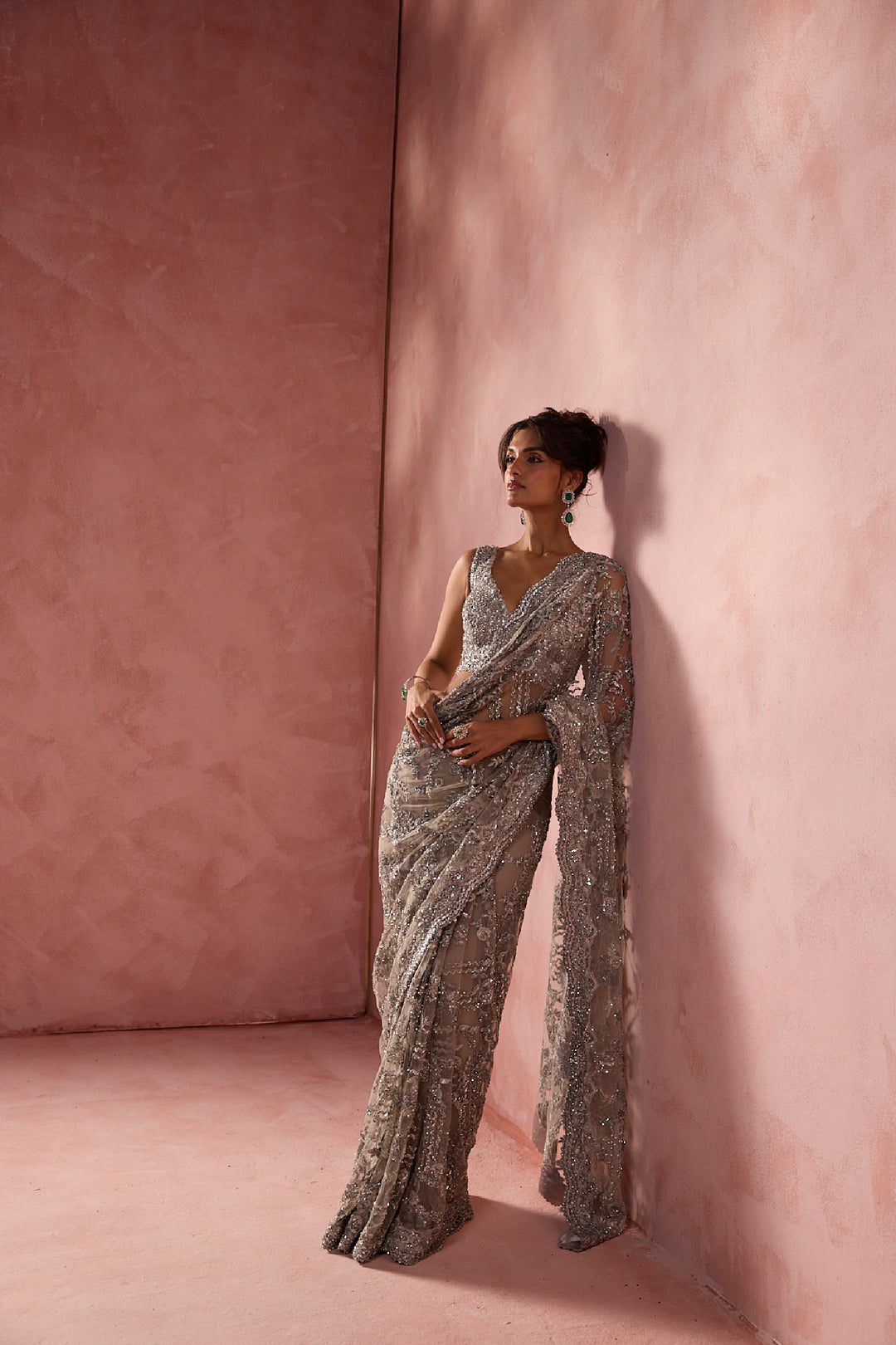Silver Grey Net Saree Set With Silver Work