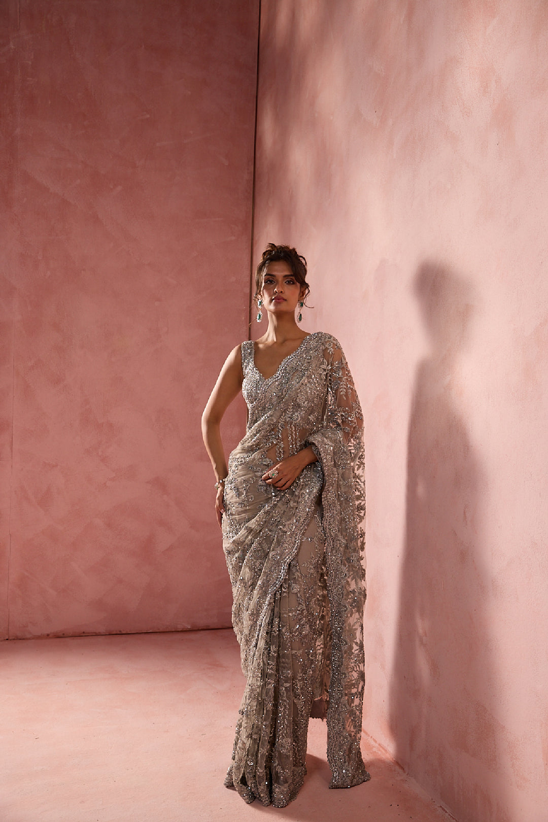 Silver Grey Net Saree Set With Silver Work