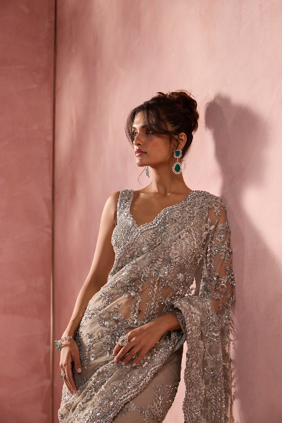 Silver Grey Net Saree Set With Silver Work