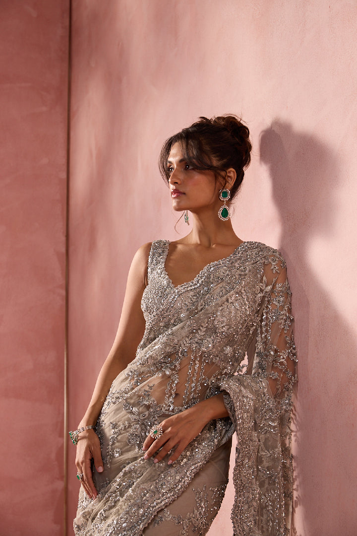 Silver Grey Net Saree Set With Silver Work