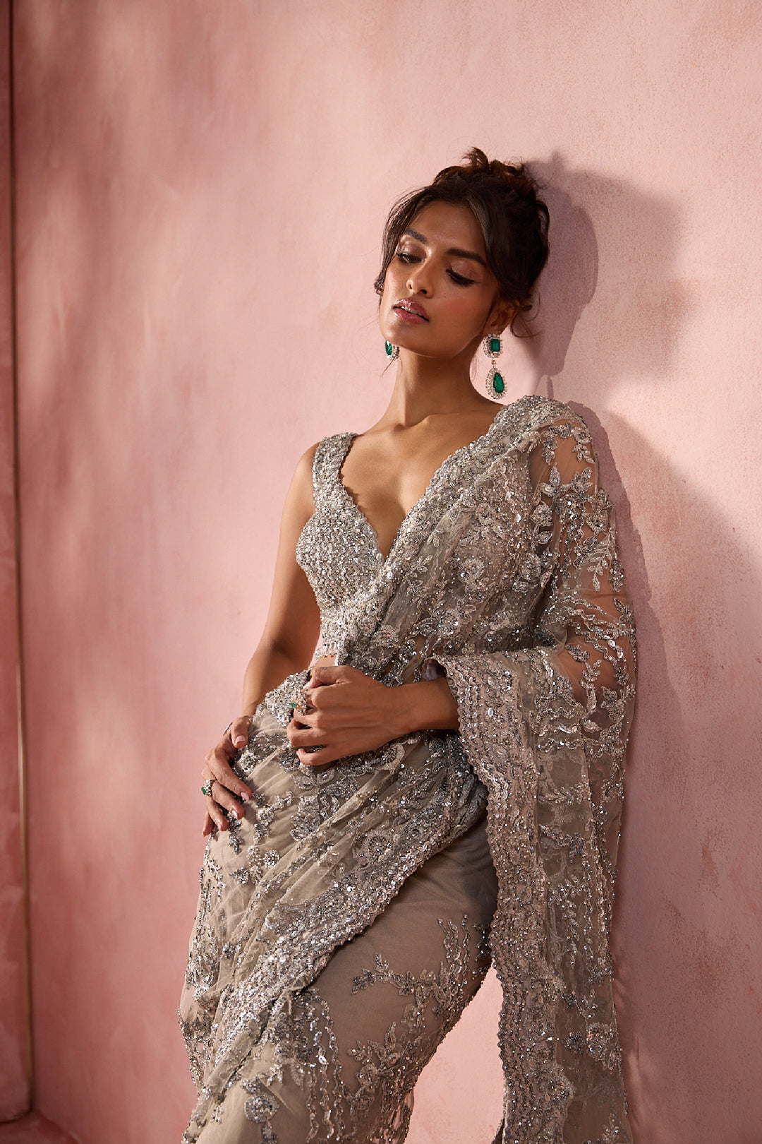 Silver Grey Net Saree Set With Silver Work
