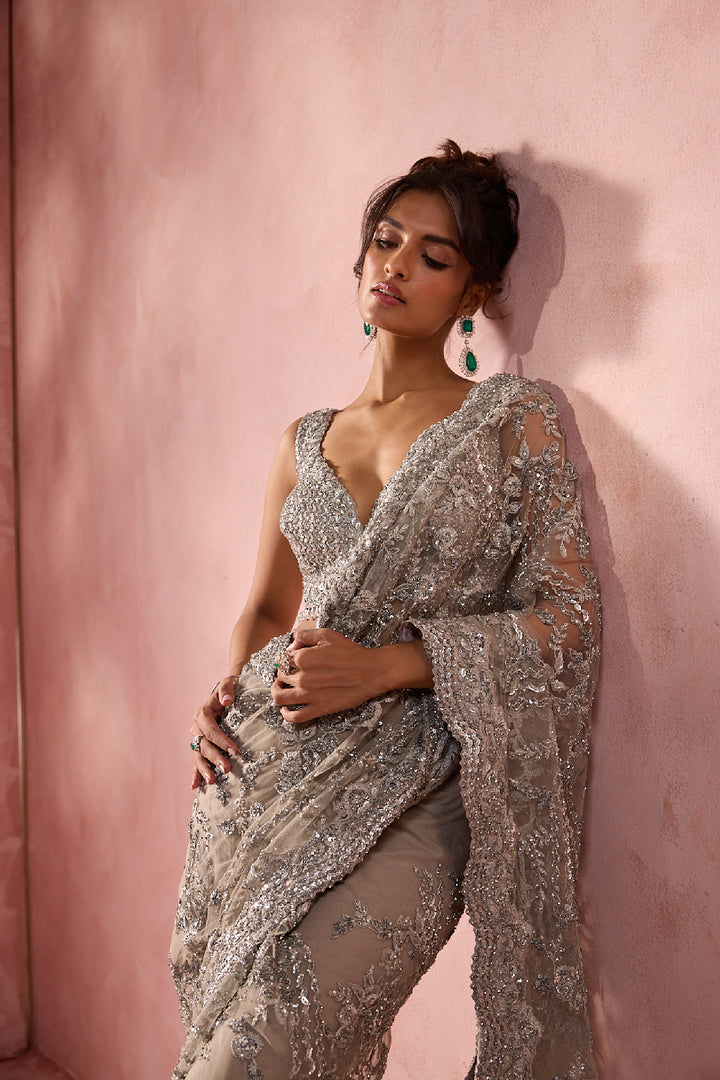 Silver Grey Net Saree Set With Silver Work