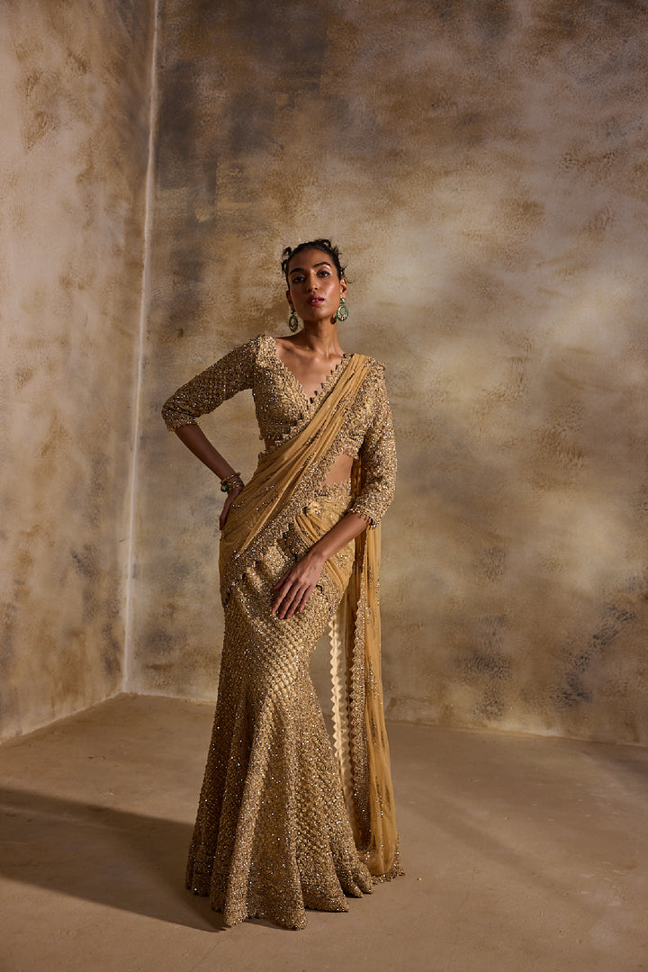 Gold Net Draped Lehenga Saree