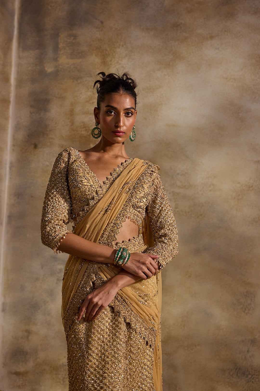 Gold Net Draped Lehenga Saree