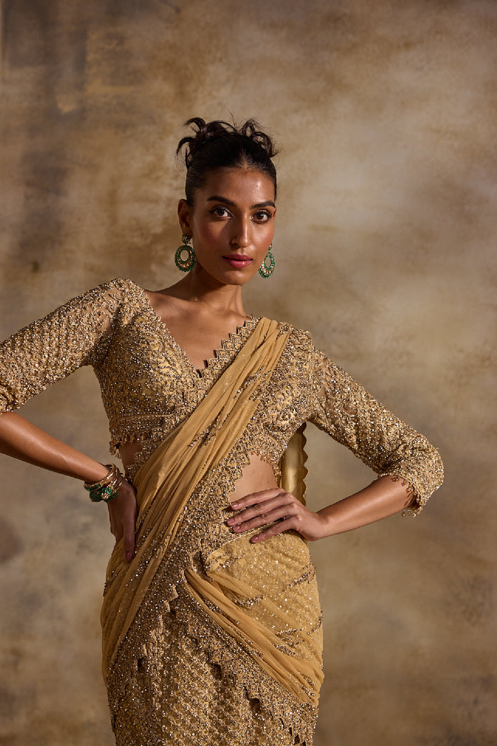 Gold Net Draped Lehenga Saree