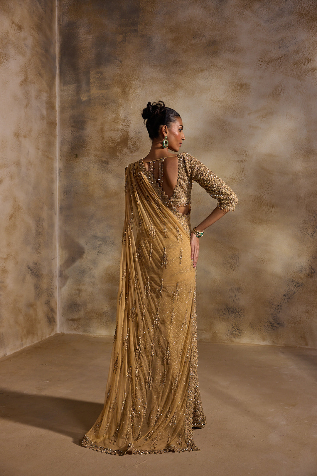 Gold Net Draped Lehenga Saree