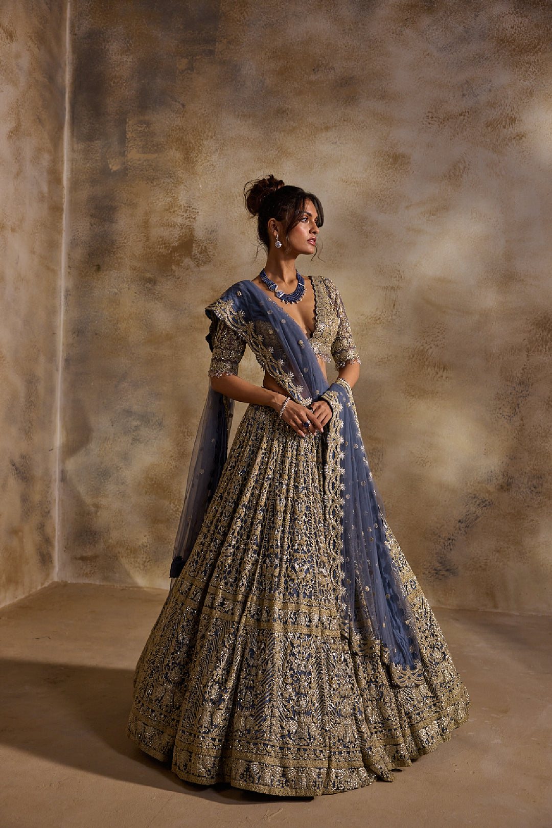Blue Grey Net Lehenga Set