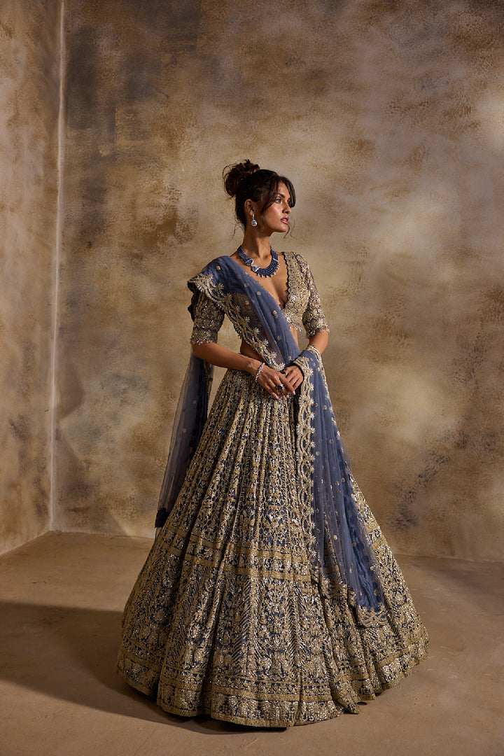 Blue Grey Net Lehenga Set