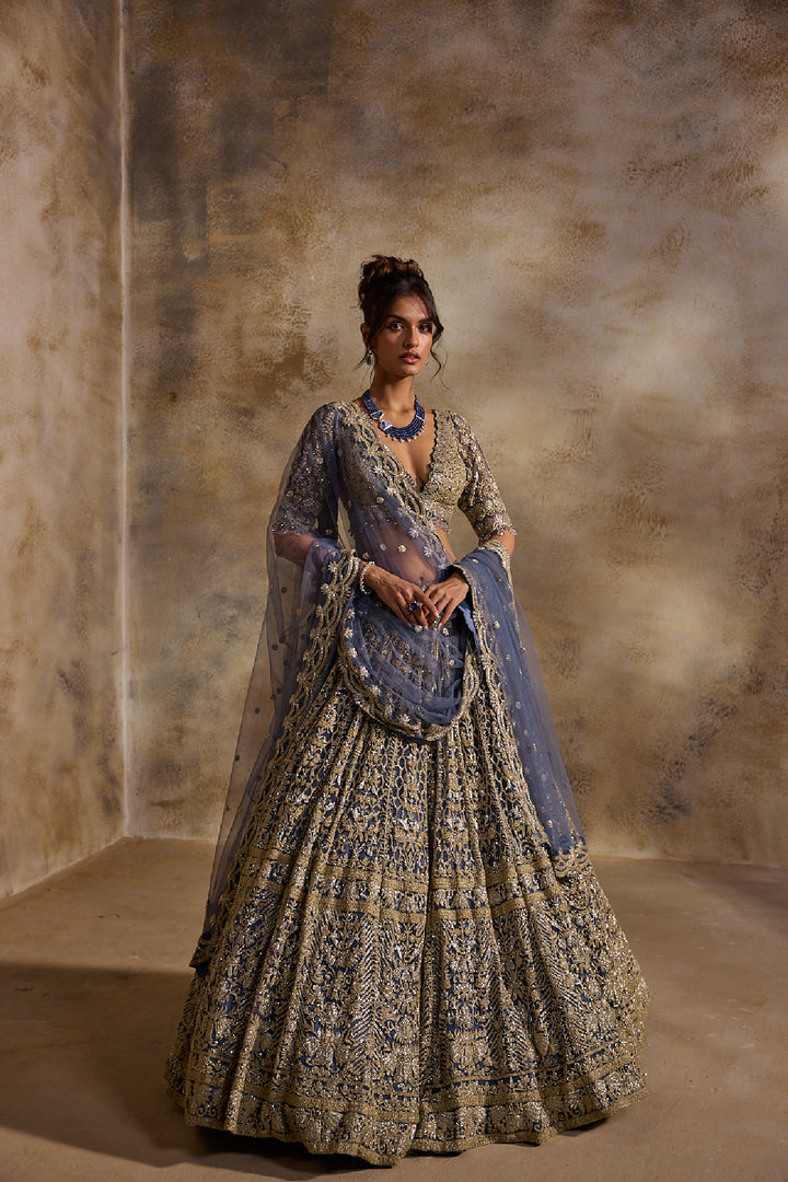 Blue Grey Net Lehenga Set
