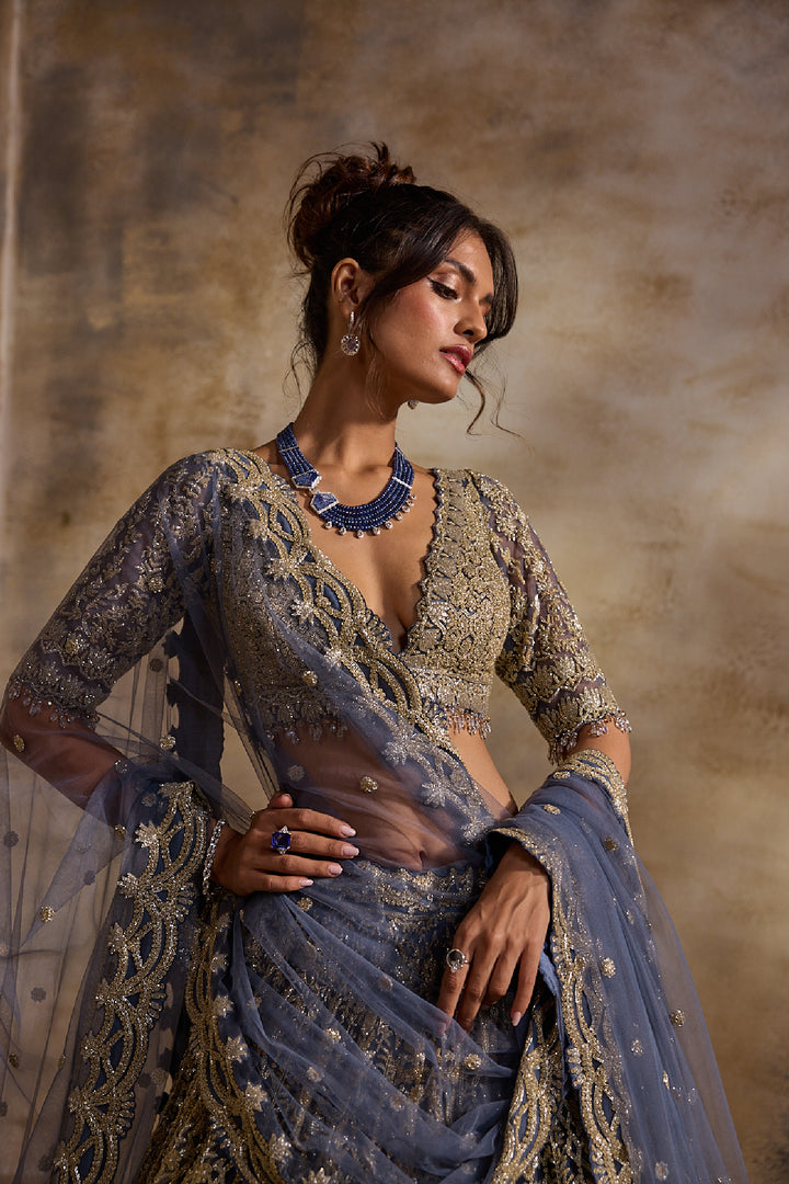 Blue Grey Net Lehenga Set