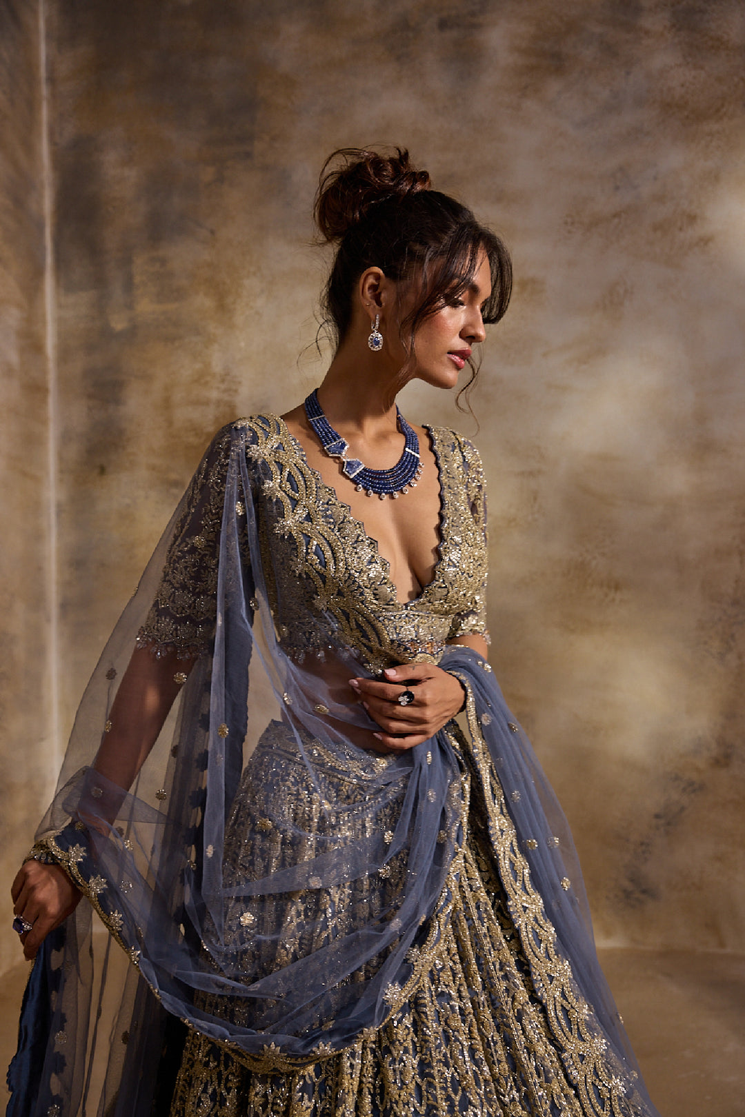 Blue Grey Net Lehenga Set