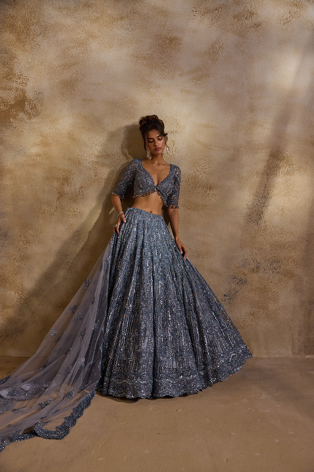Stone Grey Net Lehenga Set