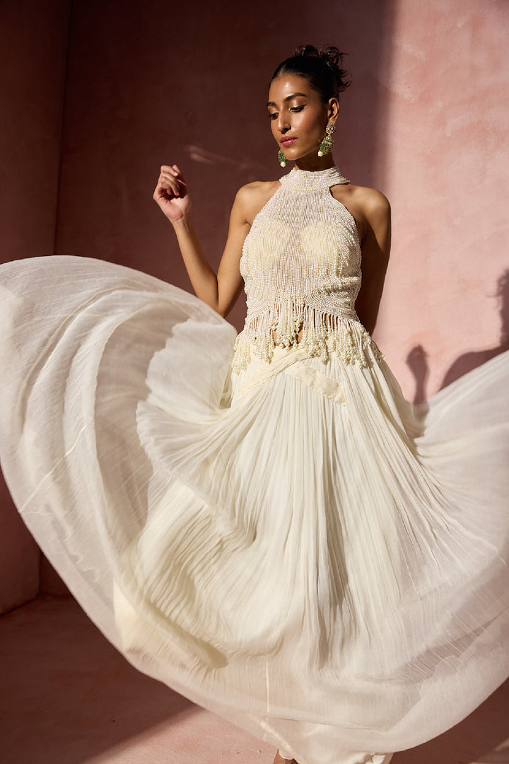 Ivory Pleated Skirt And Halter Set