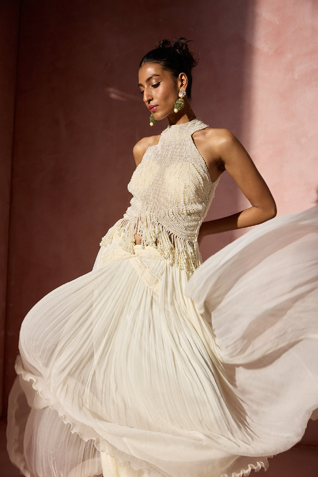 Ivory Pleated Skirt And Halter Set
