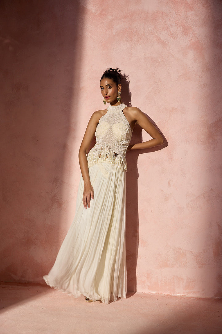Ivory Pleated Skirt And Halter Set
