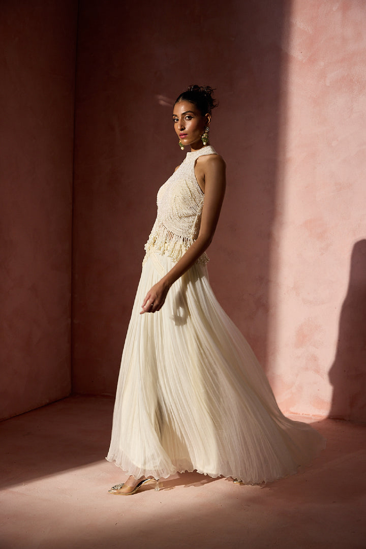 Ivory Pleated Skirt And Halter Set
