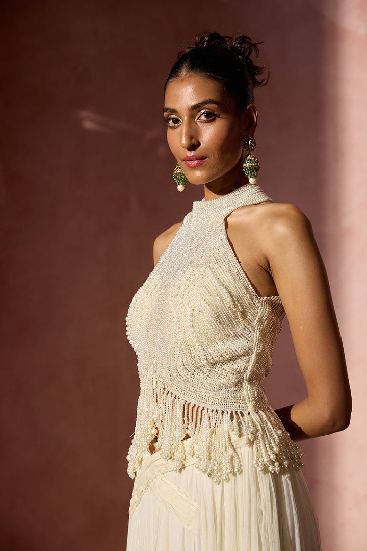 Ivory Pleated Skirt And Halter Set