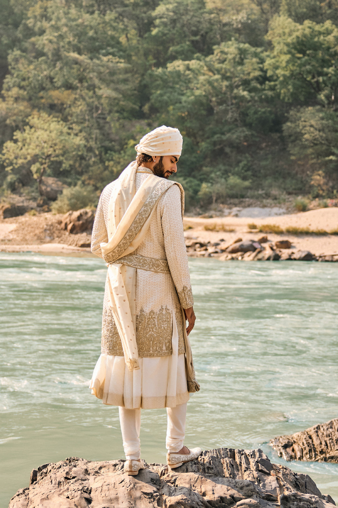 Ivory Raw Silk Sherwani Set