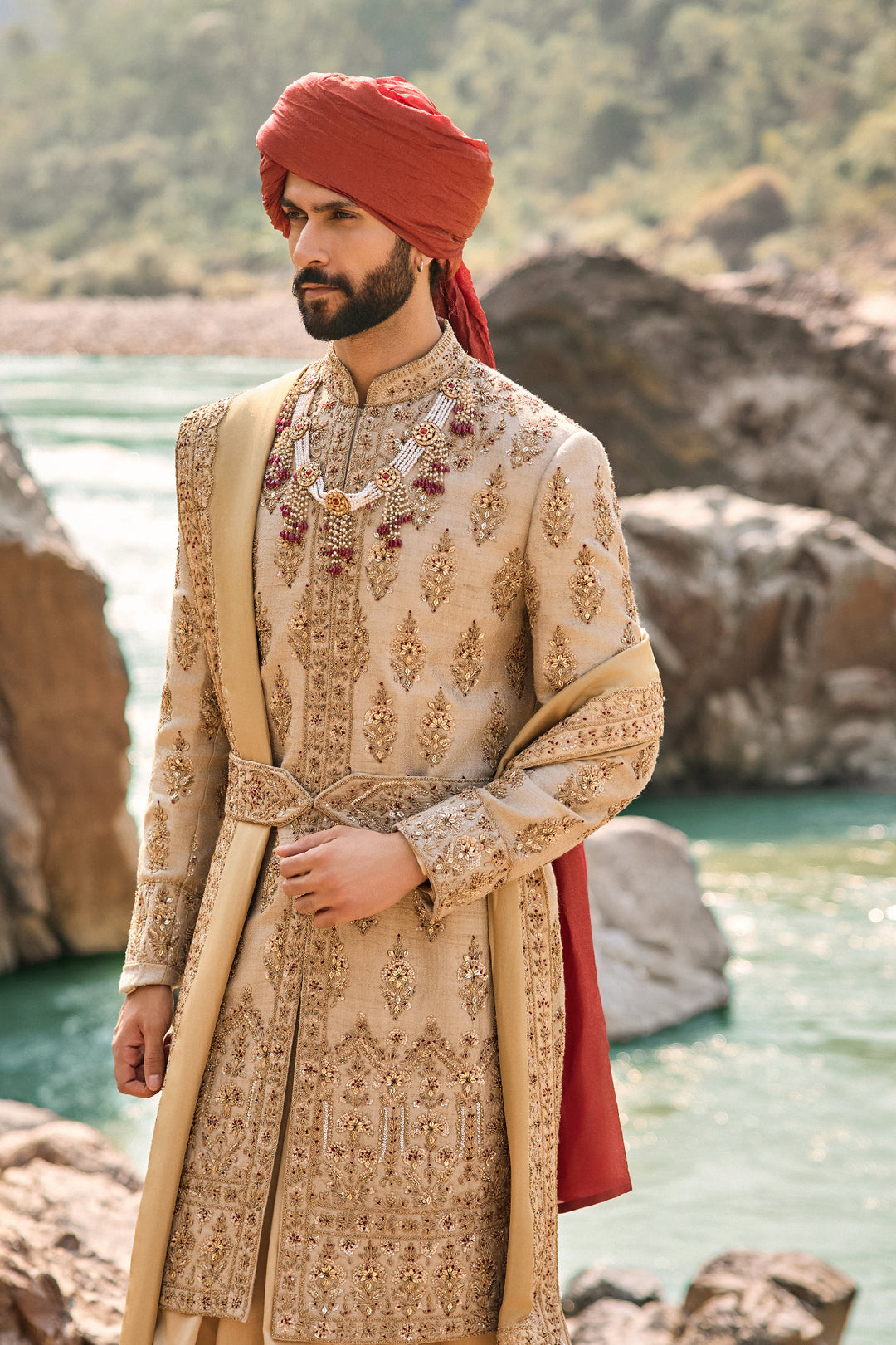Gold Twill Matka Sherwani Set
