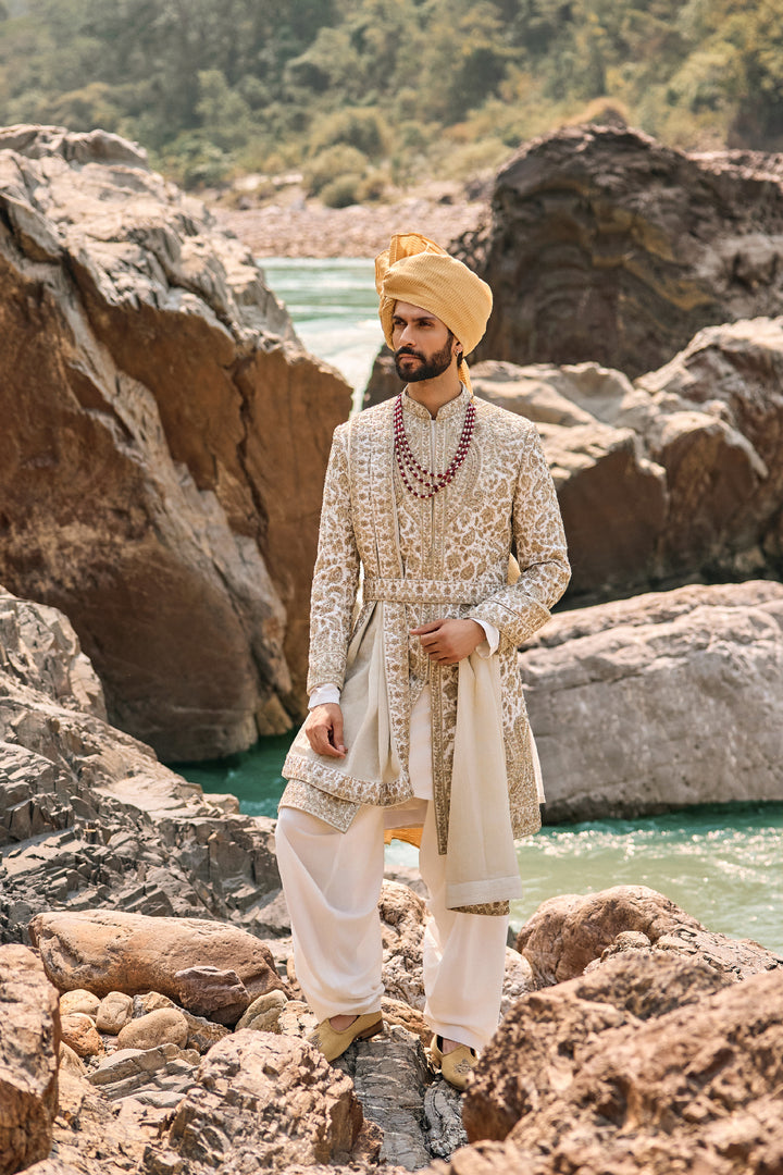 Ivory-Gold Worked Sherwani Set